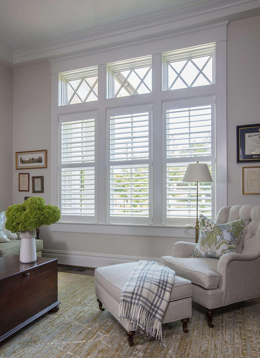 Sew Beautiful Ferry Point Nook Chair with Ottoman; room design; plantation shutters by Norman Window Fashions; collaborative project with Purple Cherry Architects; Severna Park, Annapolis and Eastern Shore MD